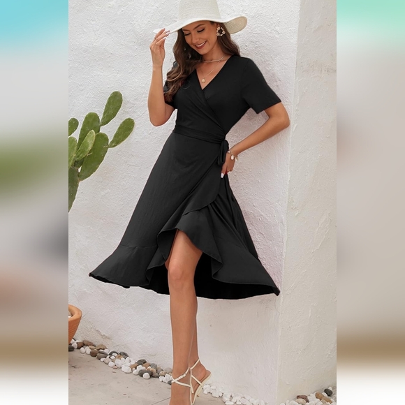 NWT Women's Large V-neck Wrap Dress short sleeve tie waist midi flowy dress - Picture 4 of 12